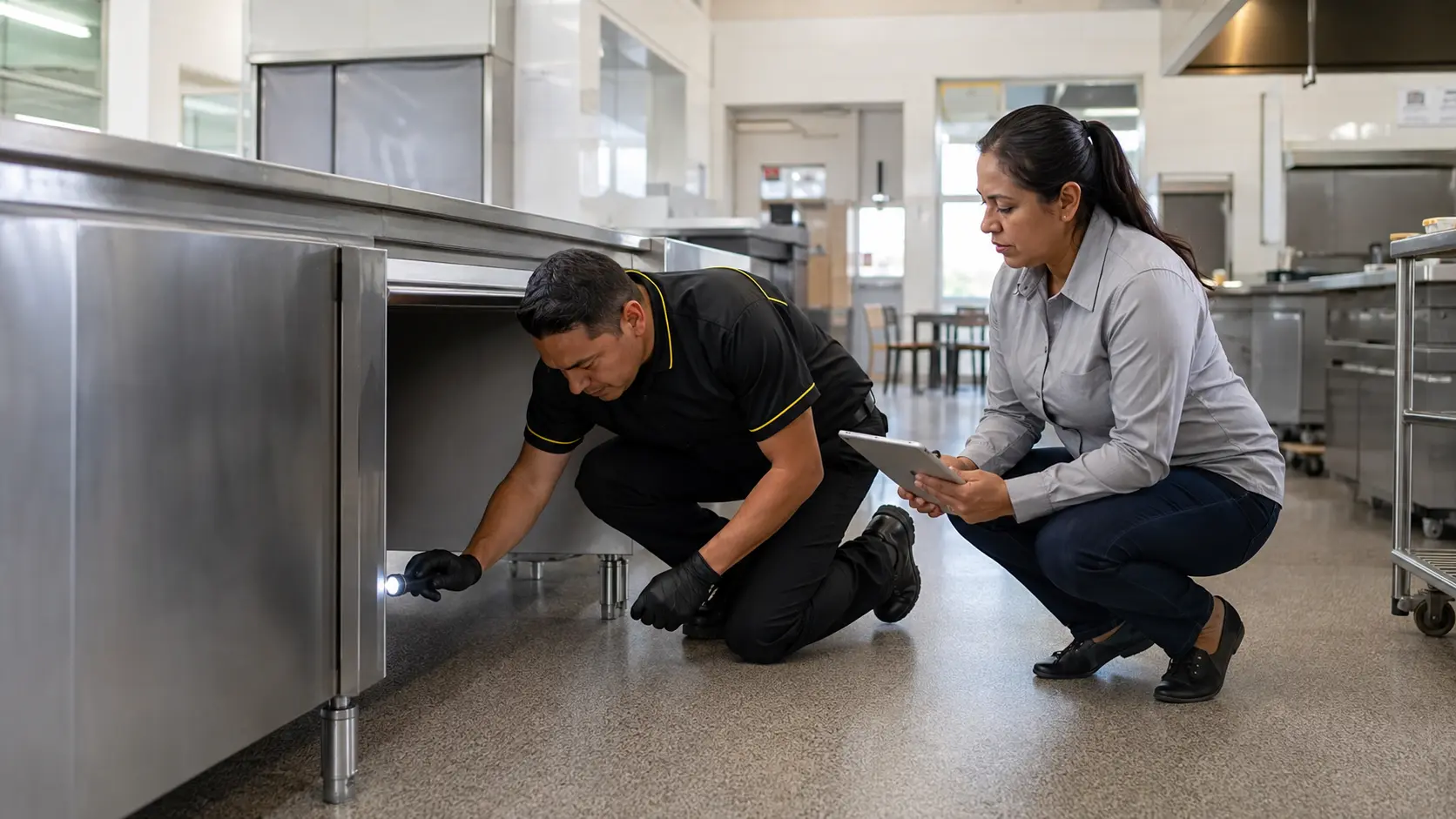 Profesional de control de plagas trabajando junto a la encargada de una institución
