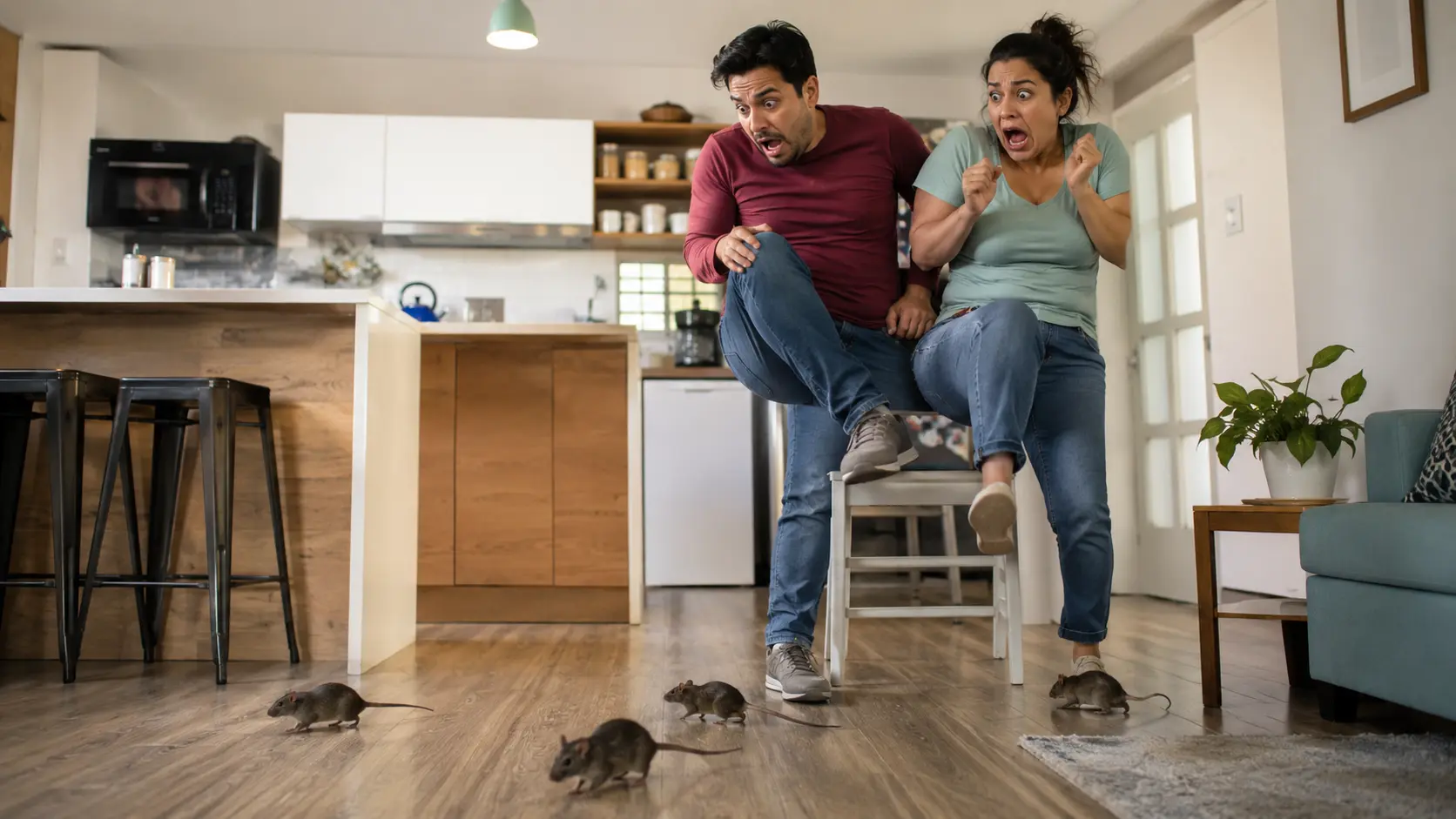Personas sorprendidas al ver ratones en la cocina